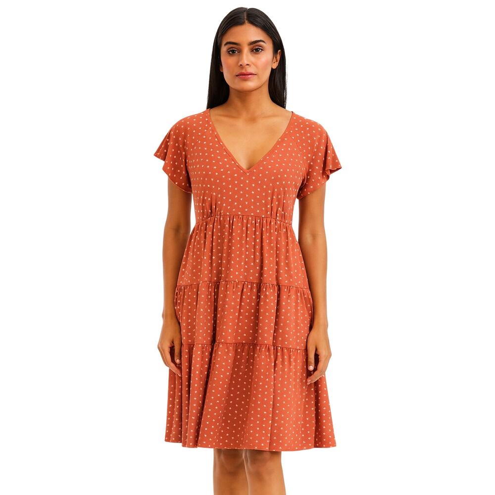 Urban Outfitters Boho Rust Floral Polka Dot Tiered Mini Dress Cottagecore Small - Picture 1 of 3